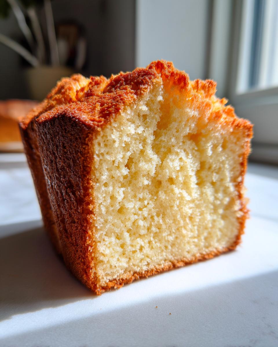 Close-up of a slice showing the dense, moist crumb texture of the cream cheese pound cake.