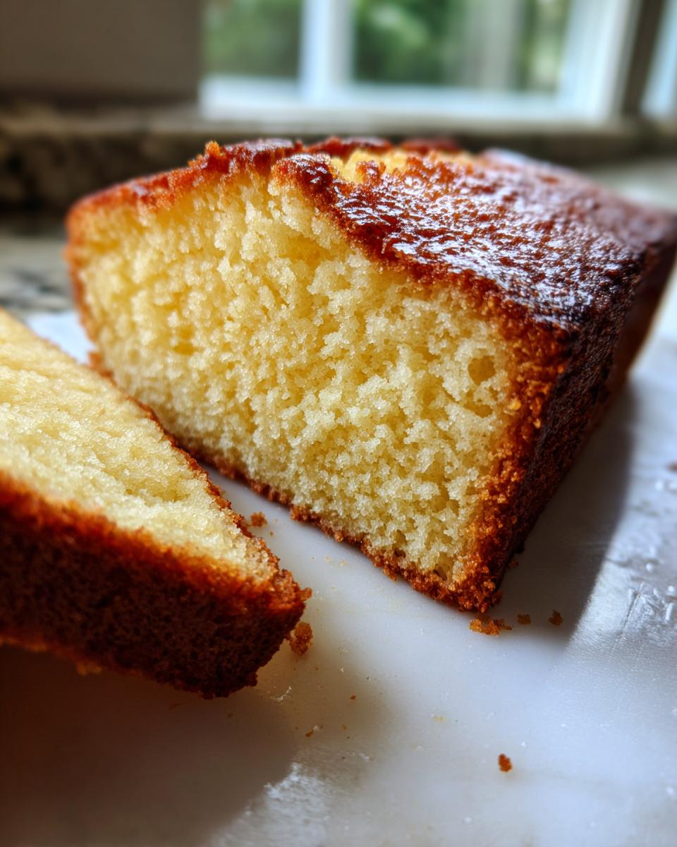 Close-up of a moist cream cheese pound cake slice showing its dense, yellow crumb and golden-brown crust.