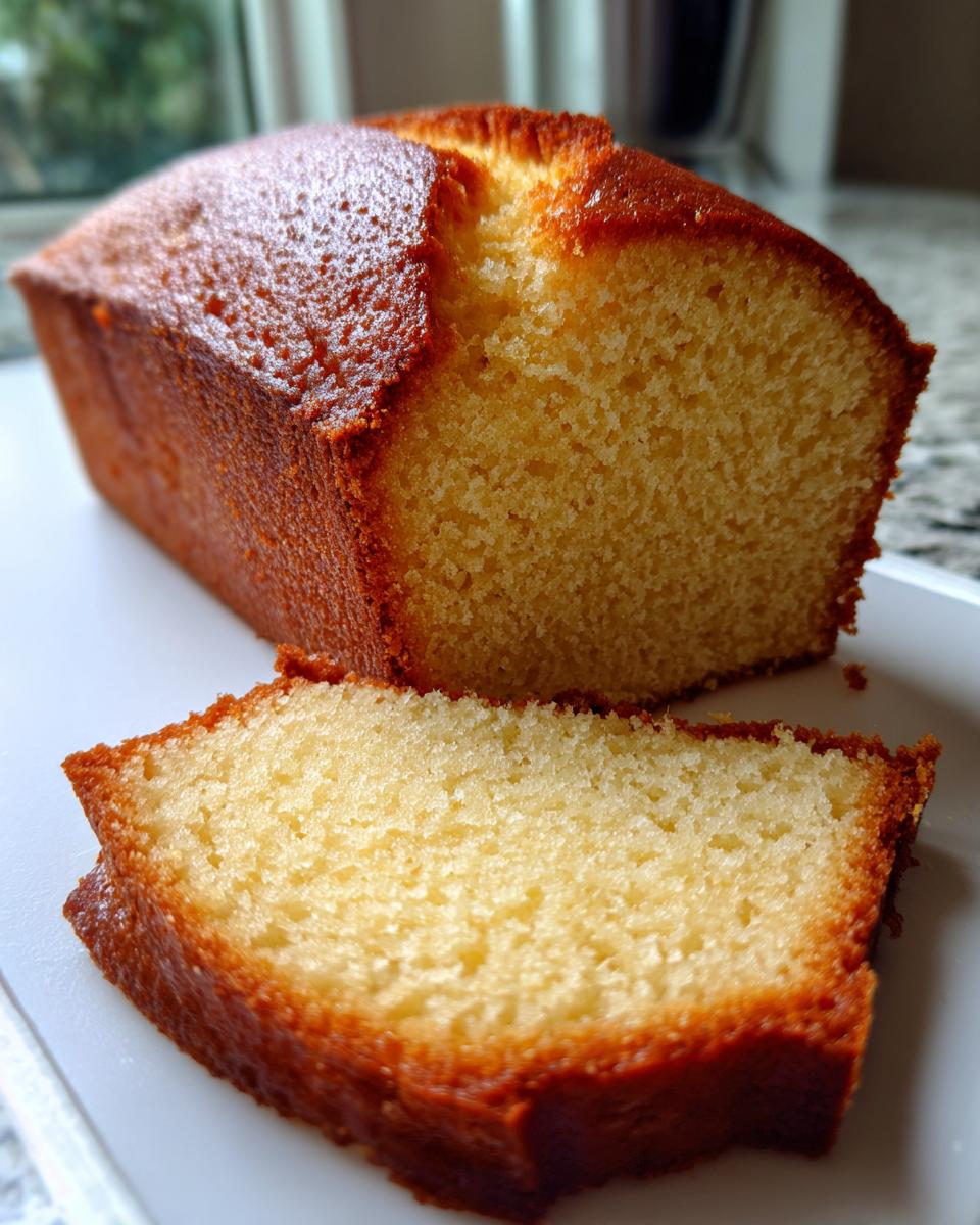 Close-up of a moist cream cheese pound cake loaf with one thick slice cut and resting in front.