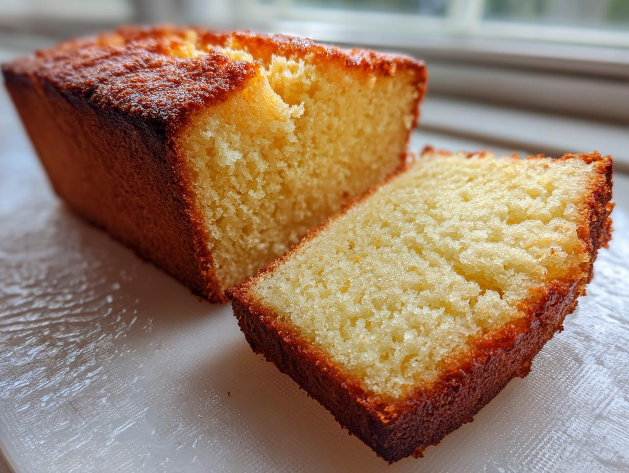 A close-up view of a moist cream cheese pound cake loaf with one thick slice cut and resting beside it.
