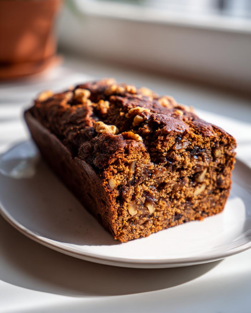 A freshly baked, dark brown loaf of moist date nut bread topped with walnuts, sitting on a white plate.