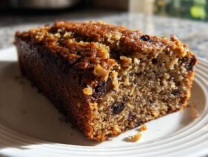 Close-up of a moist slice of date nut bread showing the texture, dates, and nuts.