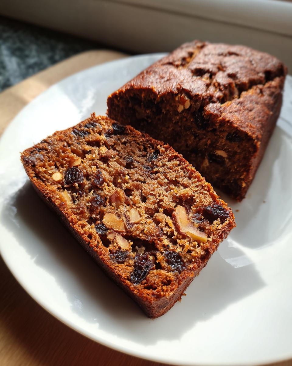 Close-up of a moist slice of date nut bread showing raisins and walnuts, next to the rest of the loaf.