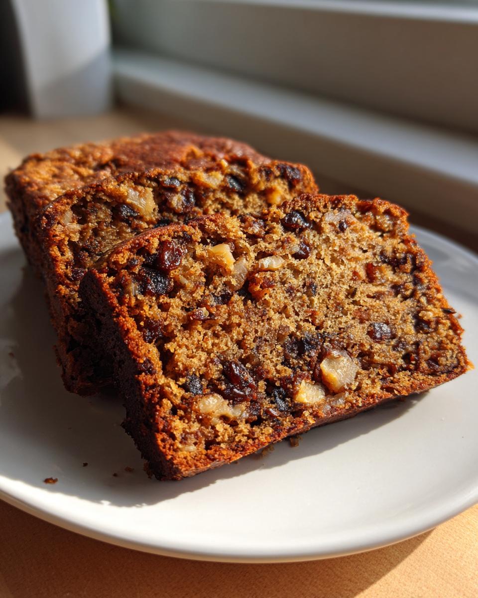Two thick slices of moist date nut bread, packed with dark fruit and walnuts, resting on a white plate.