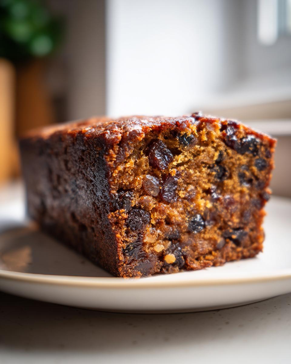 A close-up, side view of a thick slice of moist fruit cake, rich with dark dried fruits and nuts.