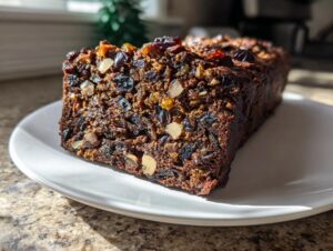 A close-up of a dense, dark, moist fruit cake loaf packed with dried fruits and nuts, sitting on a white plate.