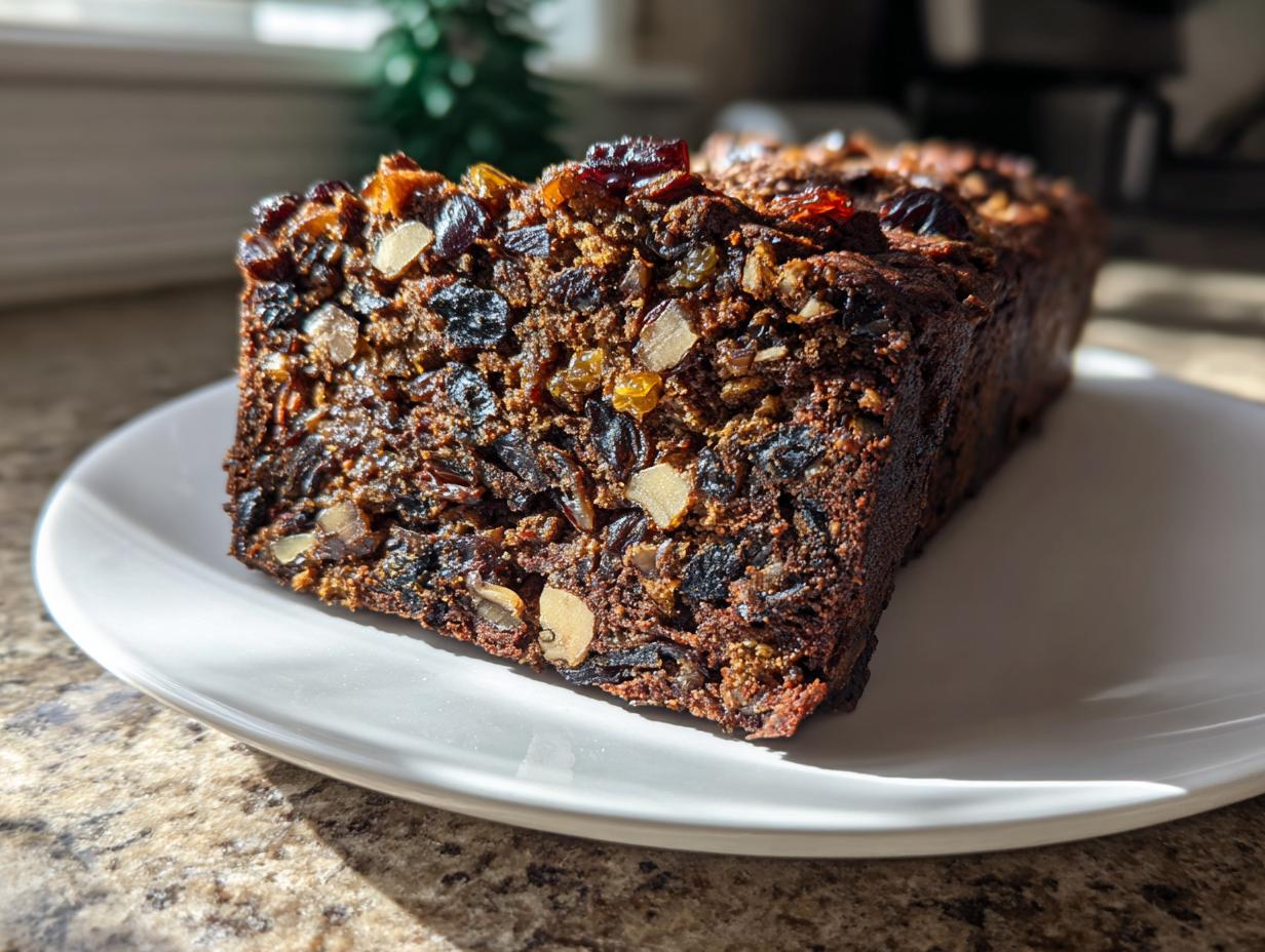 A close-up of a dense, dark, moist fruit cake loaf packed with dried fruits and nuts, sitting on a white plate.