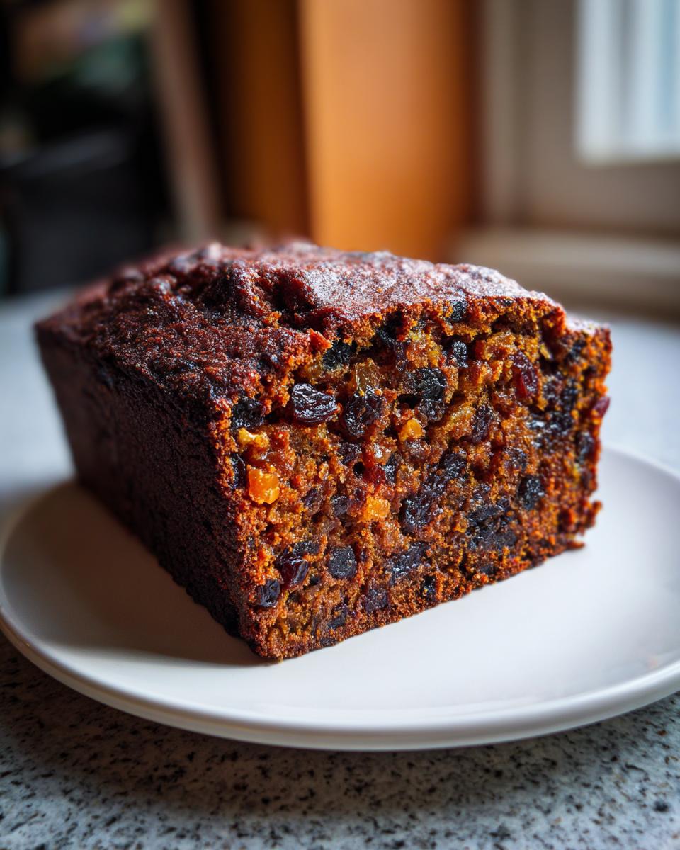 A close-up of a thick slice of moist fruit cake, packed with dark dried fruits, served on a white plate.