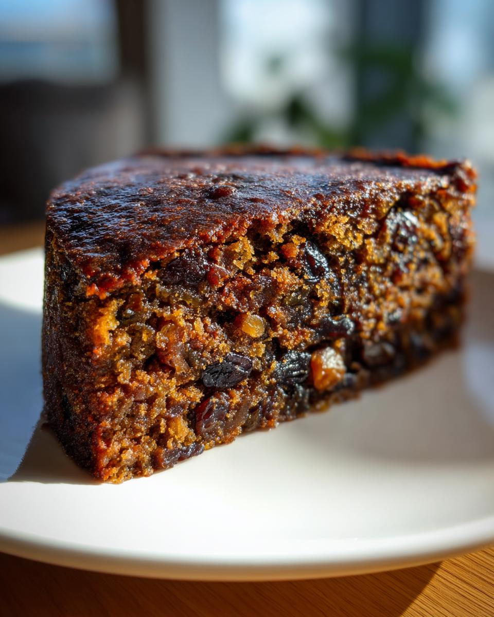 Close-up of a moist, dark slice of fruit cake loaded with dried fruits, sitting on a white plate.