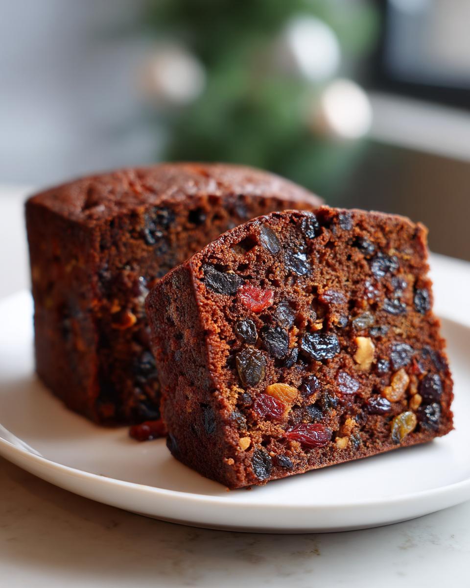 Close-up of a moist fruit cake slice packed with dark raisins and candied cherries on a white plate.