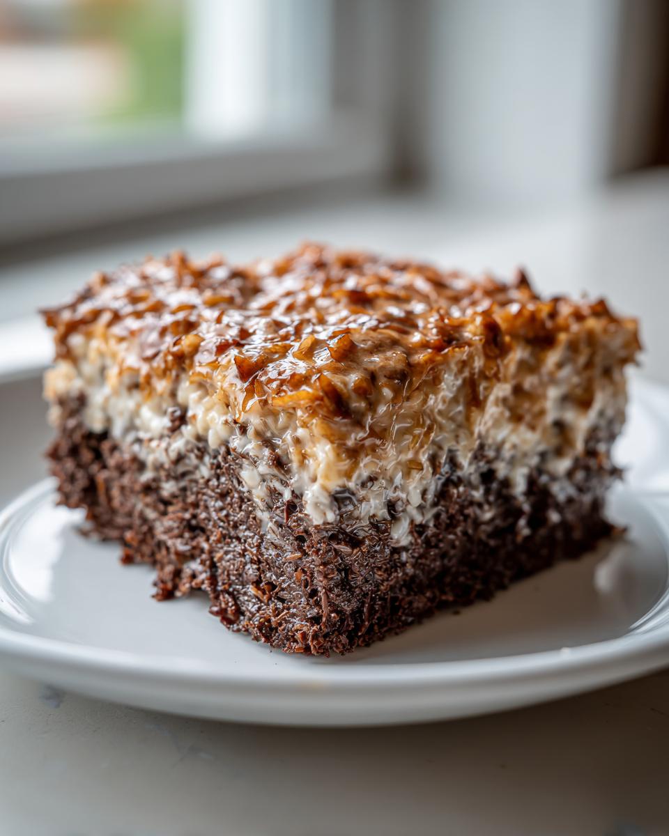 Close-up of a moist slice of german chocolate poke cake featuring a dark chocolate base and thick coconut-pecan topping.