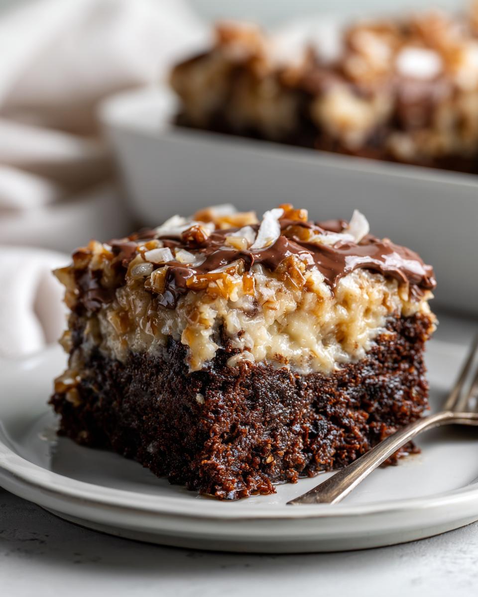 Close-up of a moist slice of german chocolate poke cake with rich chocolate cake and coconut-pecan topping.