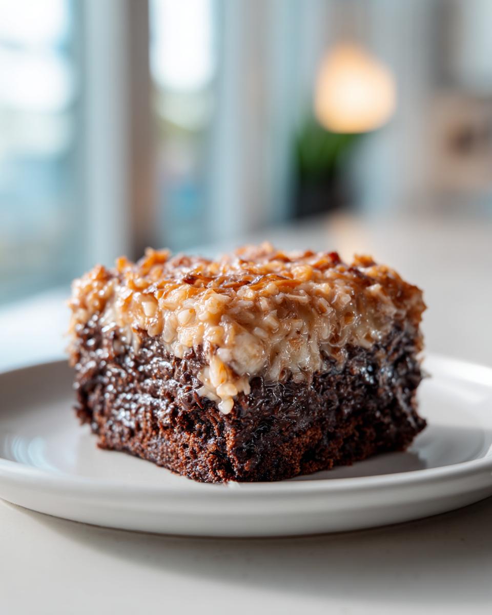 A close-up of a moist slice of german chocolate poke cake topped with rich coconut-pecan frosting.