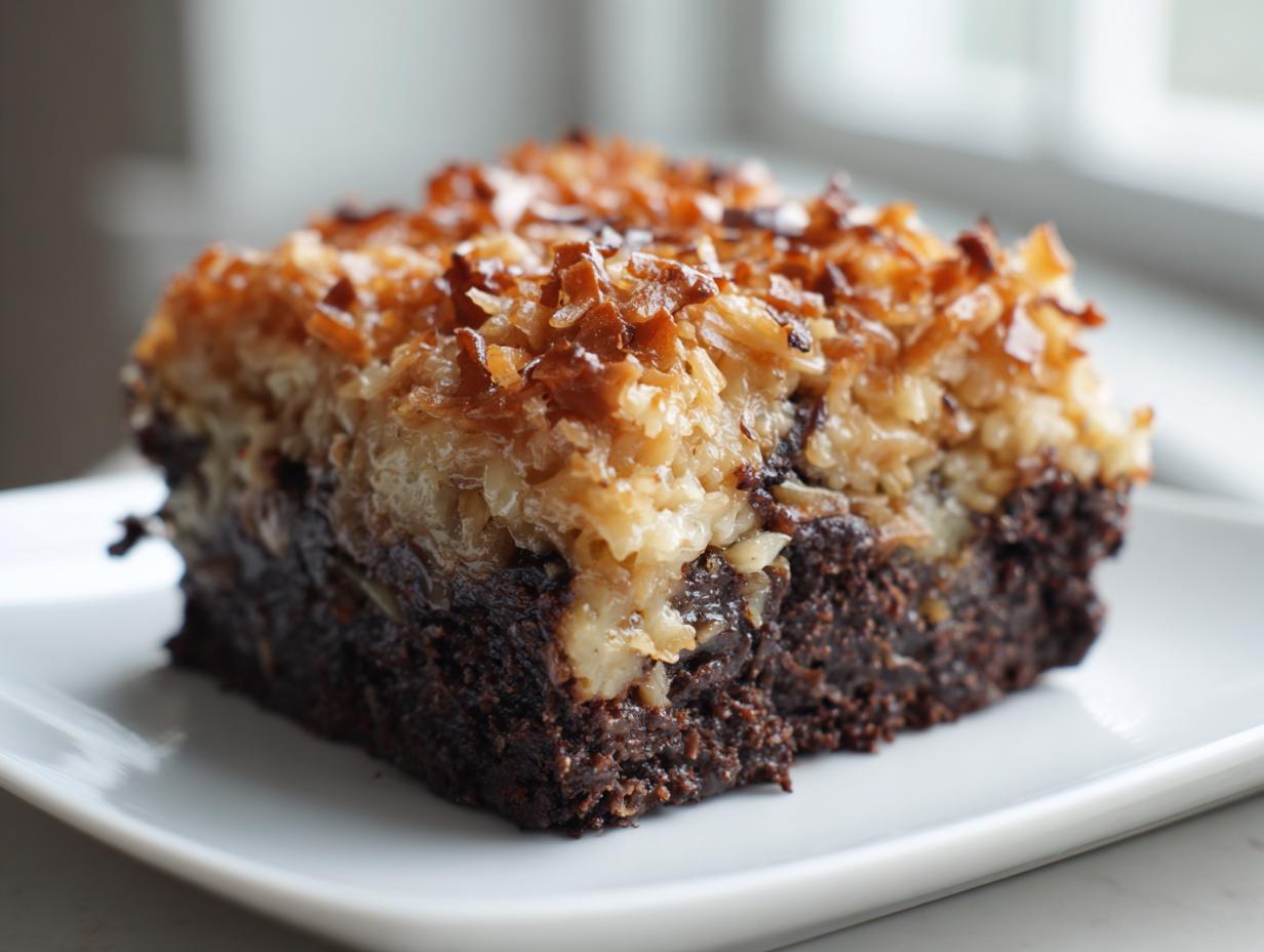 Close-up of a moist slice of german chocolate poke cake featuring a dark chocolate base and toasted coconut topping.