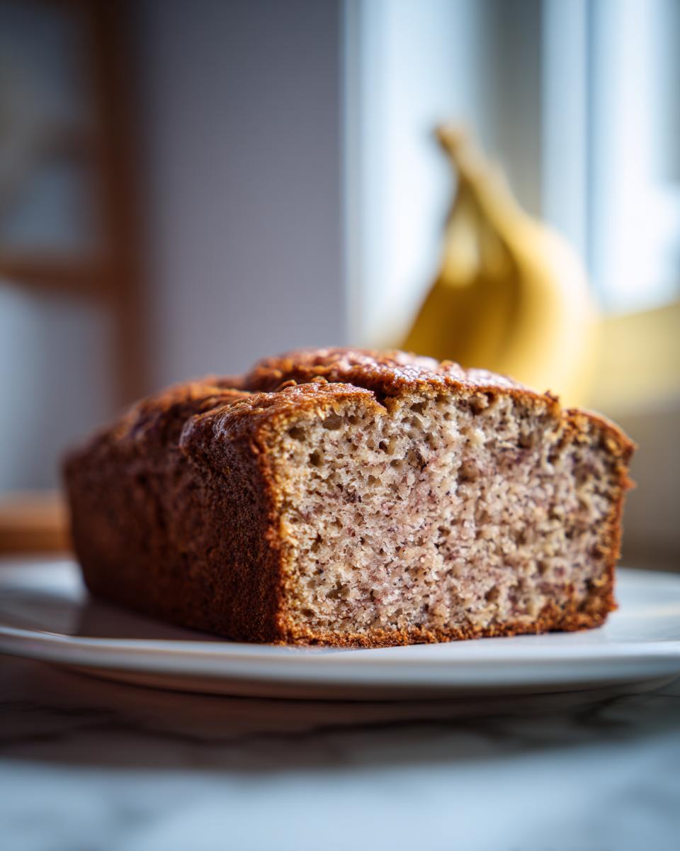 A close-up shot of a moist slice of greek yogurt banana bread on a white plate with a banana blurred in the background.