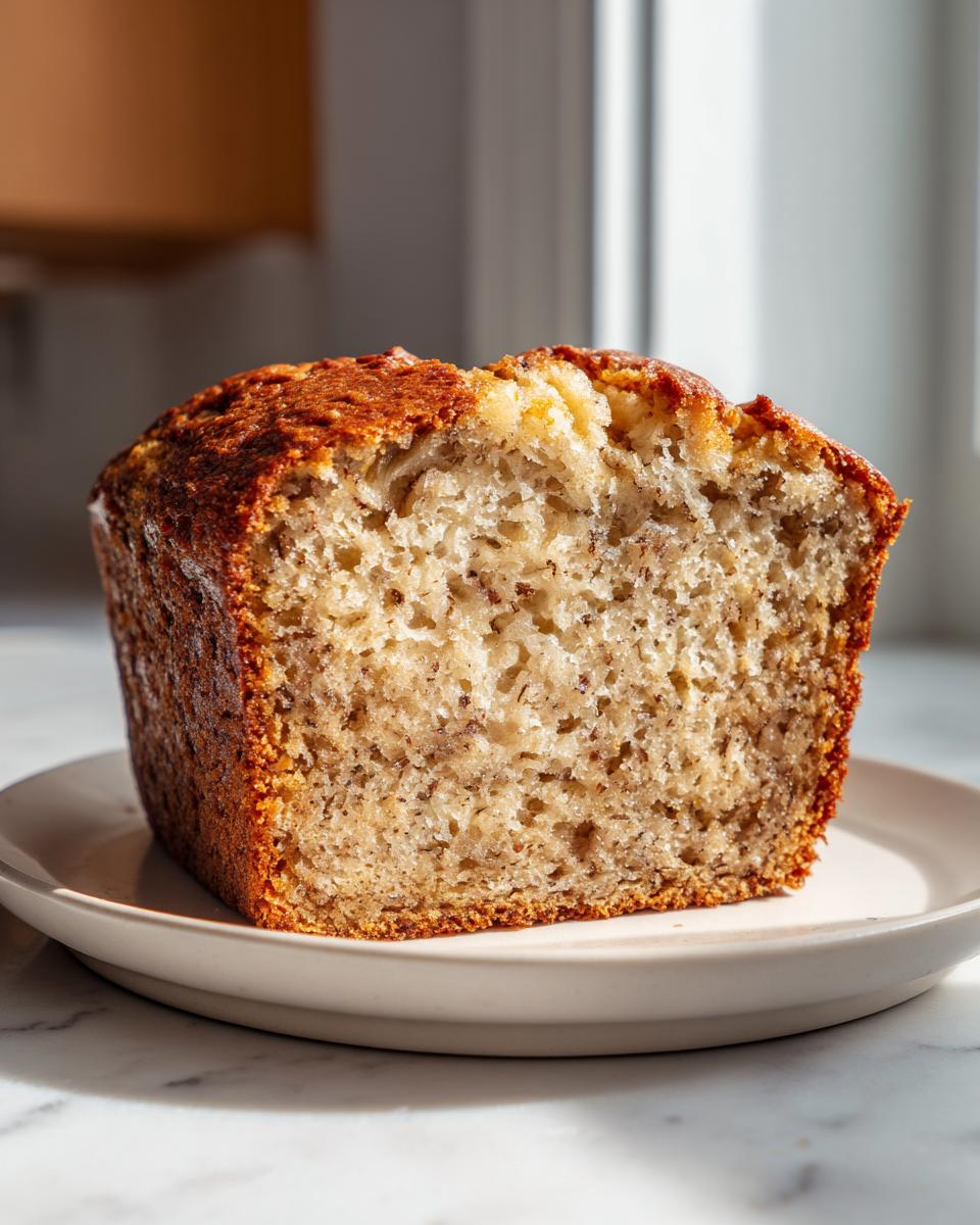 A thick slice of moist greek yogurt banana bread showing its soft, speckled crumb texture.
