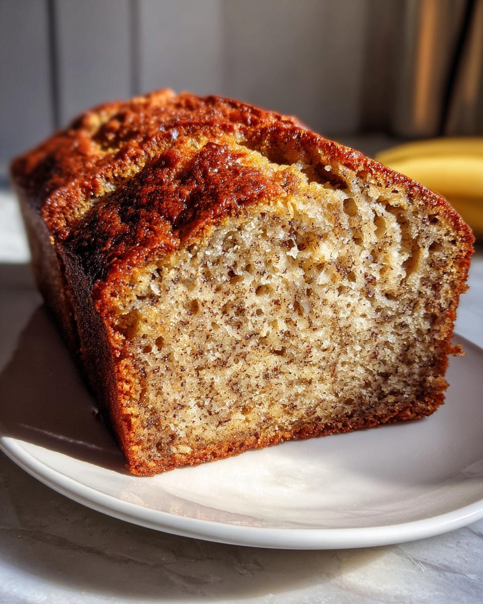 A close-up of a freshly baked slice of greek yogurt banana bread showing its moist, speckled crumb texture.