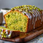 Close-up of a freshly baked pistachio bread loaf, drizzled with white glaze and topped with chopped pistachios.