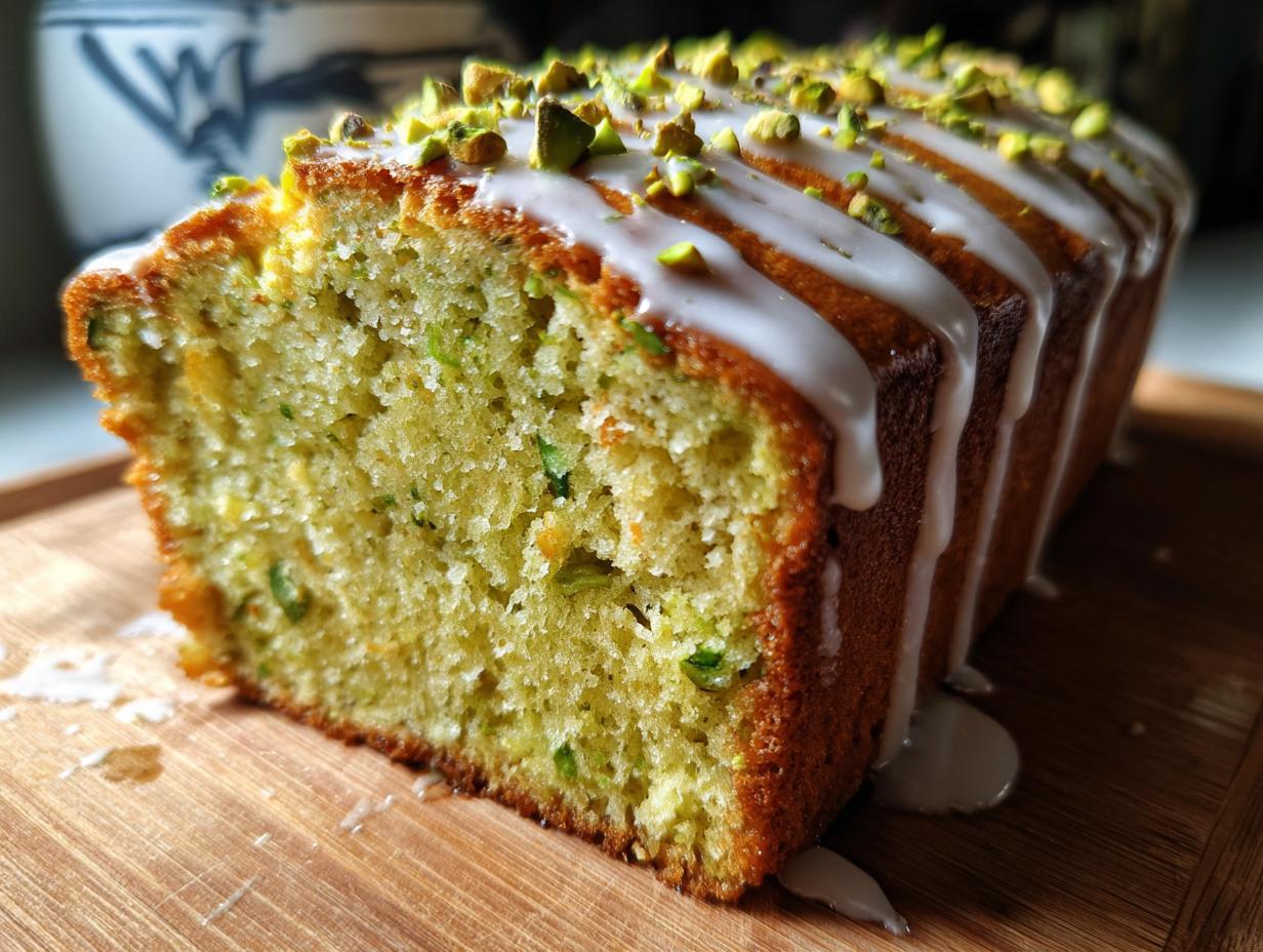 Close-up of a slice of moist pistachio bread loaf drizzled with white icing and topped with chopped pistachios.