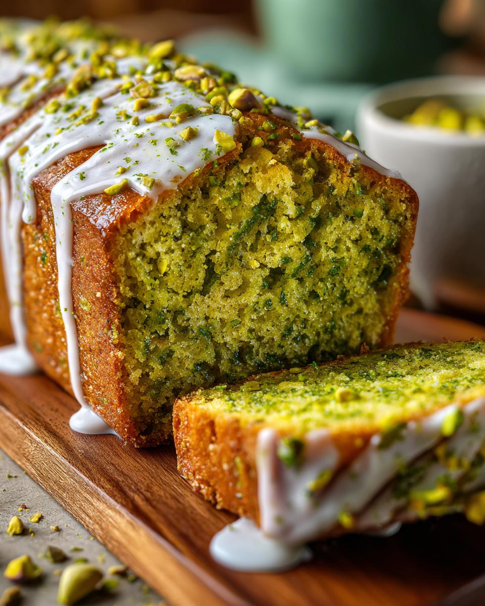 A loaf of vibrant green pistachio bread, sliced, drizzled with white icing, and topped with chopped pistachios.