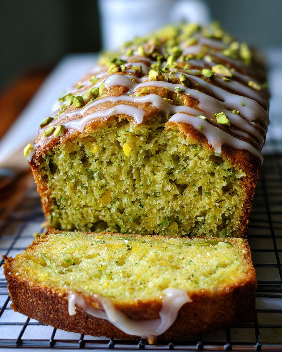 Close-up of a sliced pistachio bread loaf showing its green crumb, drizzled with white glaze and topped with chopped pistachios.
