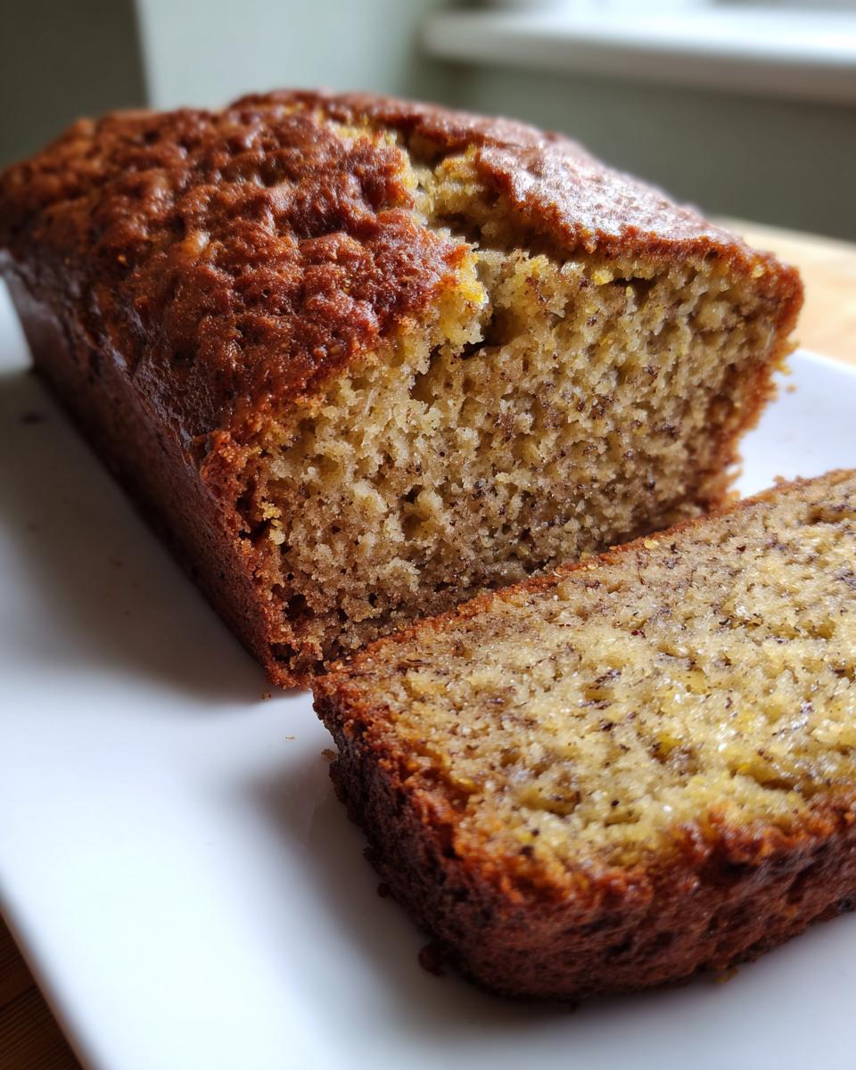 Close-up of a moist Protein banana bread loaf, partially sliced, showing its dense, speckled crumb.