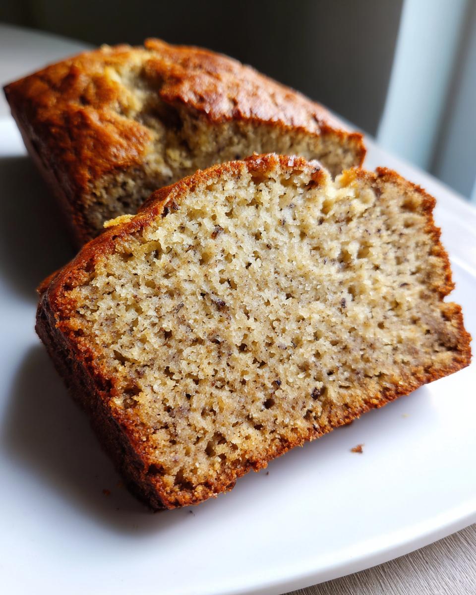 Close-up of a moist slice of Protein banana bread showing the soft, speckled crumb texture.