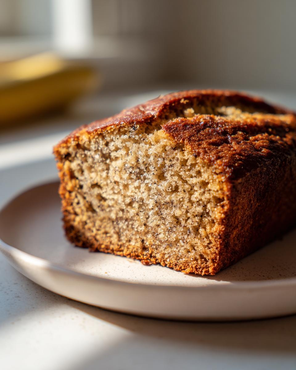 Close-up of a moist slice of Protein banana bread with a dark golden crust, resting on a light plate.