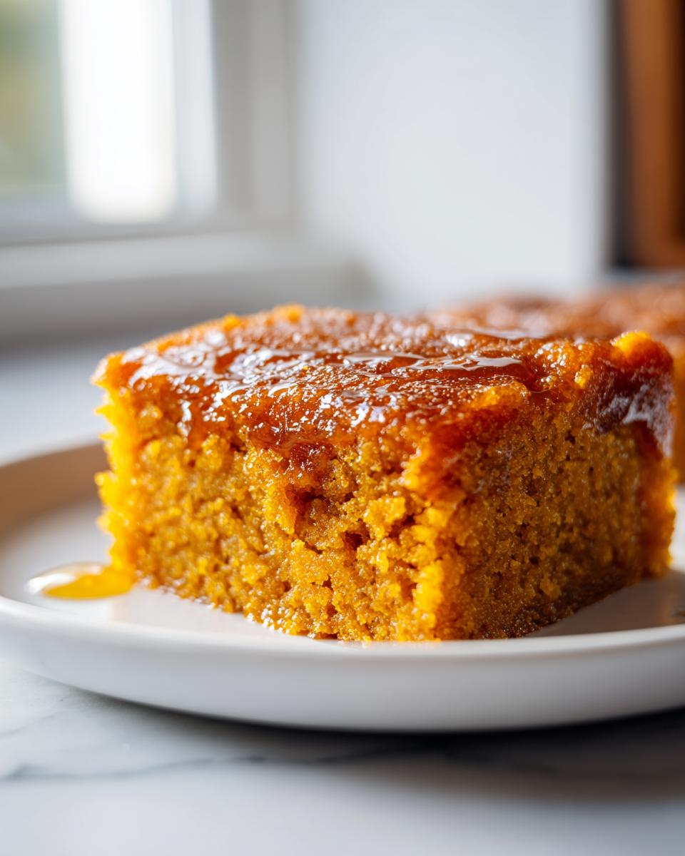 Close-up of a moist, orange slice of pumpkin dump cake topped with a shiny, amber glaze on a white plate.