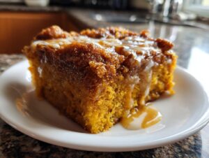 A close-up of a moist slice of pumpkin dump cake topped with a thick caramel glaze on a white plate.