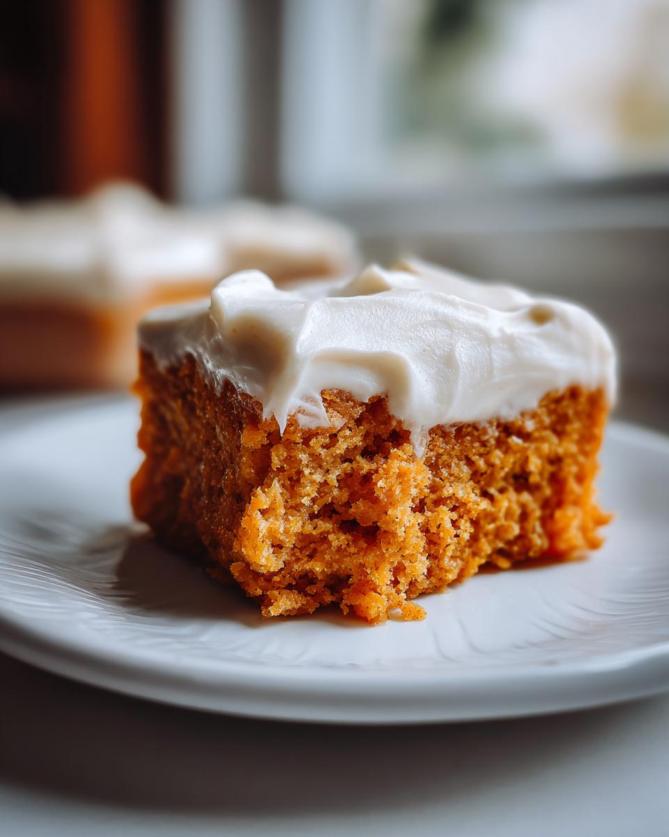 A close-up of a moist, orange-colored slice of pumpkin poke cake topped with thick white frosting on a white plate.