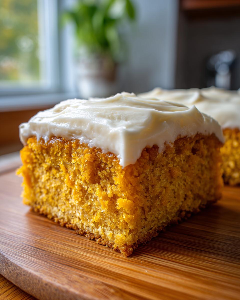 Close-up of a moist, orange slice of pumpkin poke cake topped with thick white cream cheese frosting.