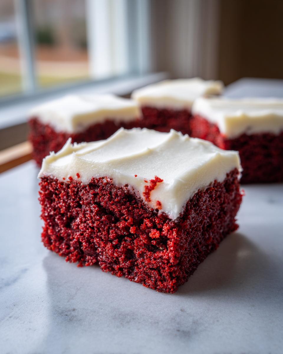 Close-up of a rich, square red velvet brownies slice topped with thick white cream cheese frosting.