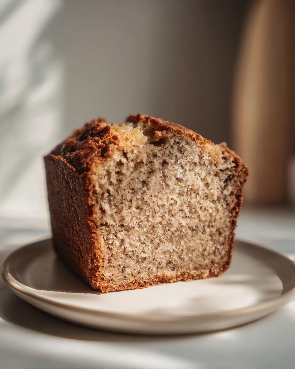 Close-up of a moist slice of greek yogurt banana bread showing its soft, speckled crumb texture.
