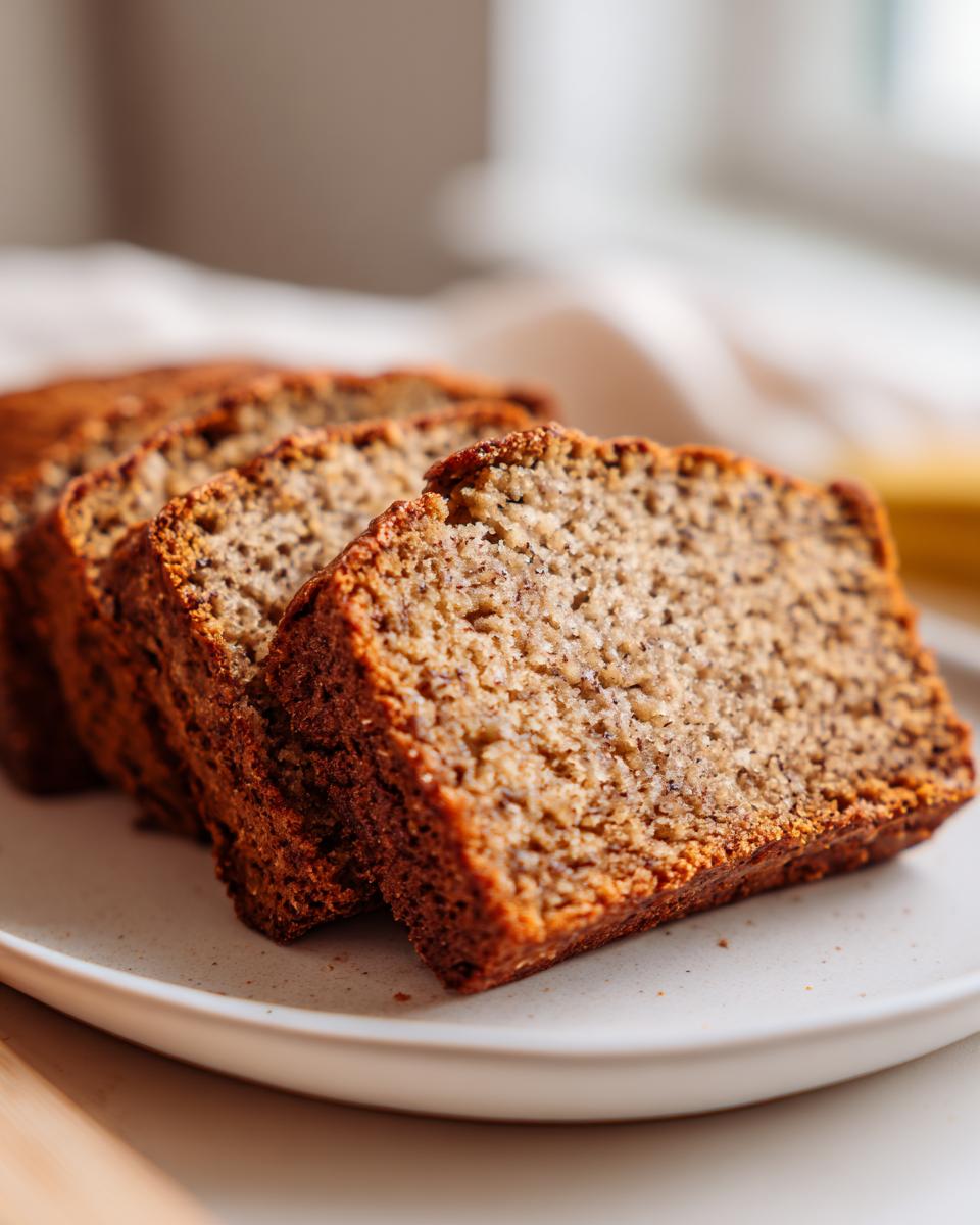 Close-up of three moist slices of Protein banana bread stacked on a light speckled plate.