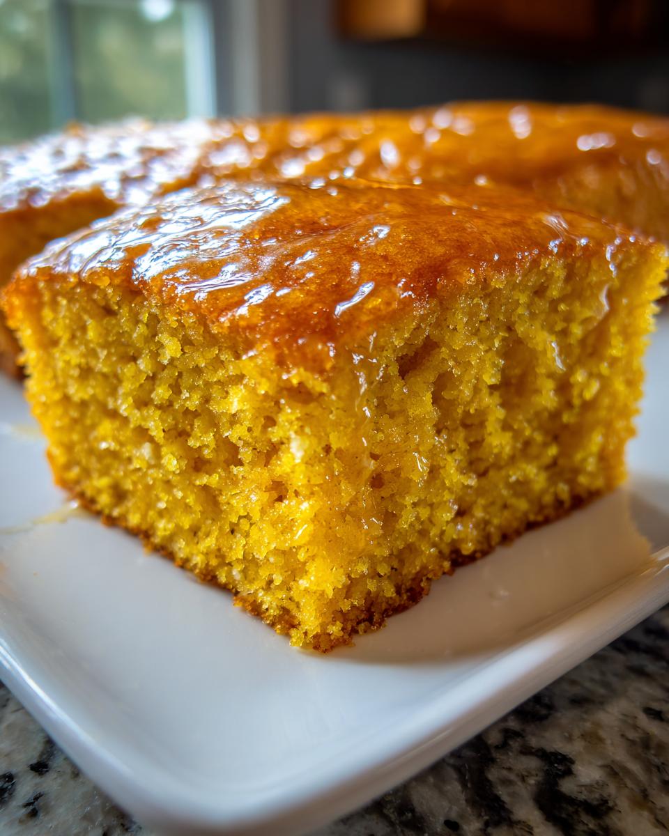 Close-up of a square slice of vibrant orange sweet potato cornbread drizzled with a shiny glaze.