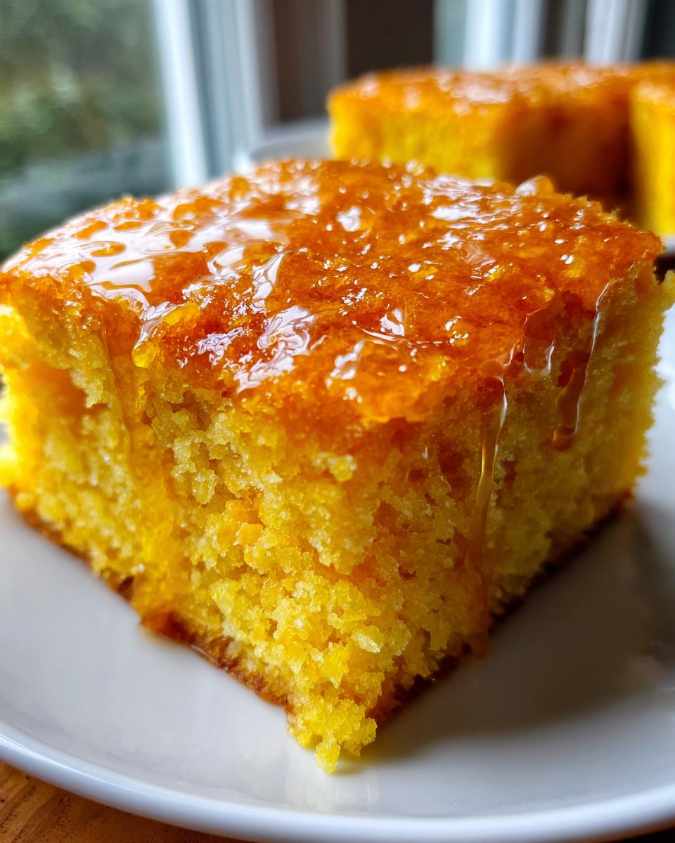Close-up of a square slice of vibrant yellow sweet potato cornbread drizzled with a thick, shiny glaze.