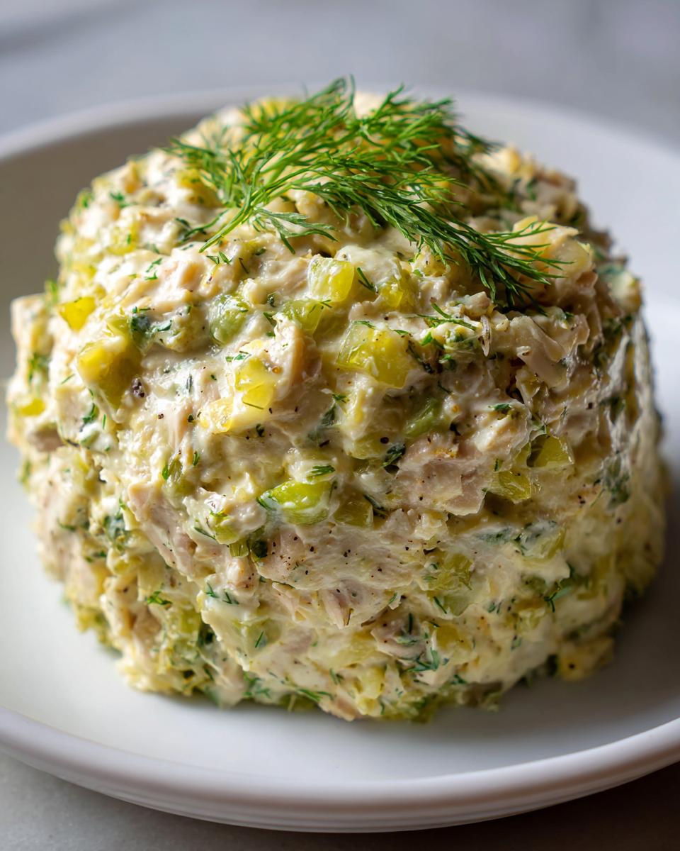 A perfectly molded serving of creamy dill pickle chicken salad topped with fresh dill sprigs.