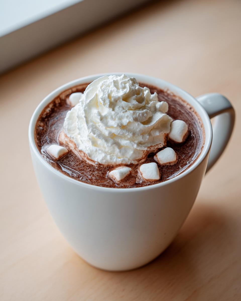 A close-up of a mug filled with rich crockpot hot chocolate recipe topped with whipped cream and mini marshmallows.