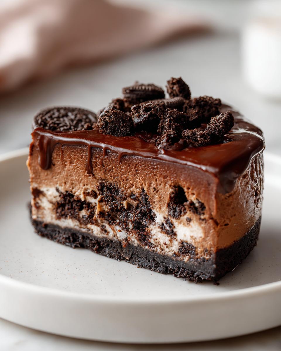 A decadent slice of no-bake chocolate cheesecake featuring a dark crust, creamy filling, chocolate ganache, and cookie crumbles.
