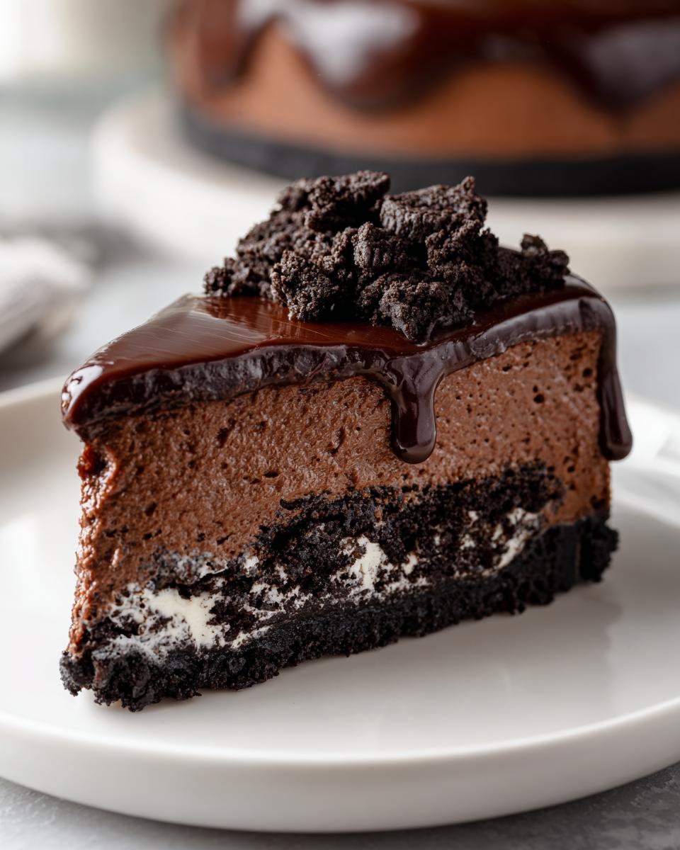 A decadent slice of no-bake chocolate cheesecake topped with rich ganache and cookie crumbs.