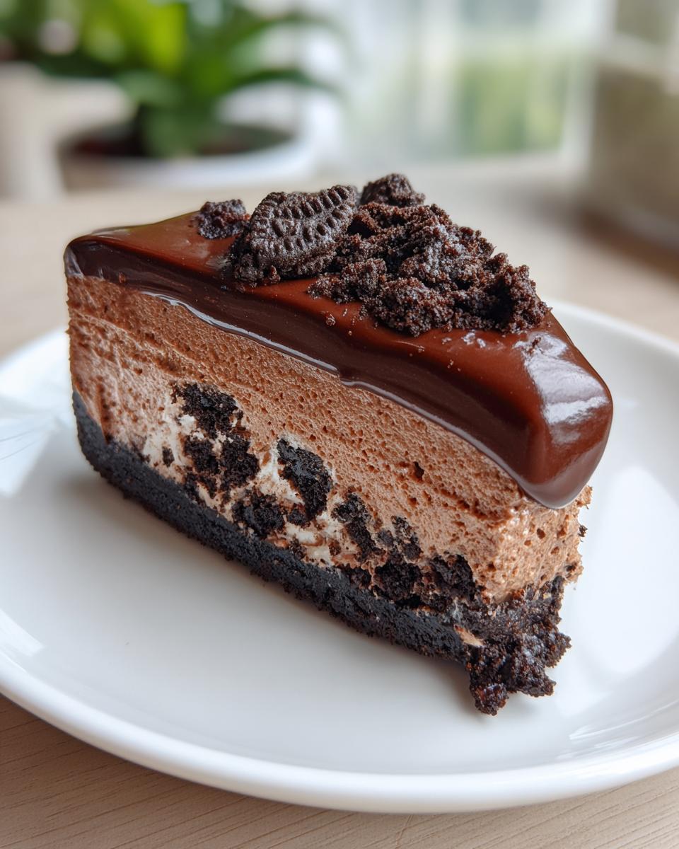 A decadent slice of no-bake chocolate cheesecake with a dark cookie crust, topped with chocolate ganache and cookie crumbs.