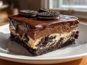 Close-up of a layered no-bake chocolate cheesecake slice topped with rich ganache and three Oreo cookies.