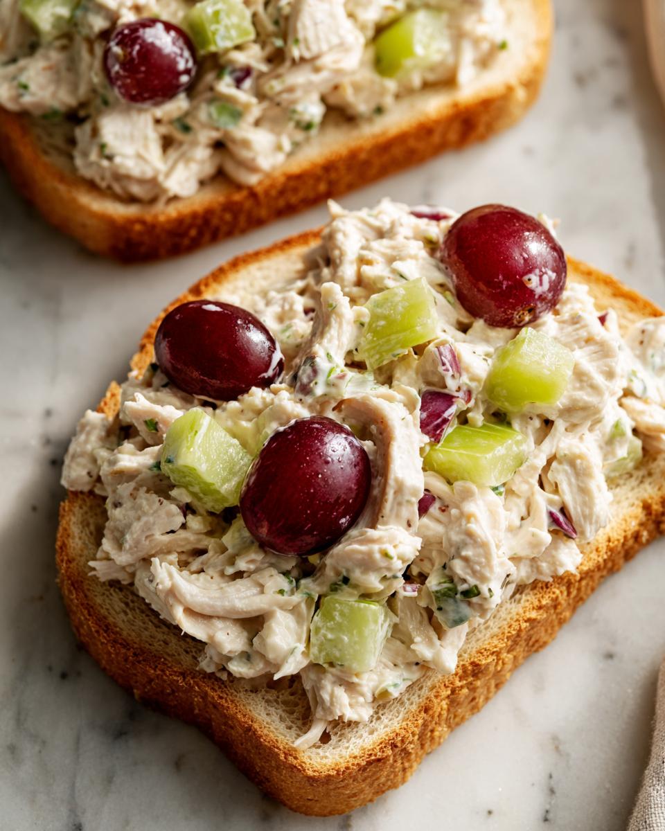 Close-up of an open-faced chicken salad sandwich topped with red grapes and celery on toasted bread.