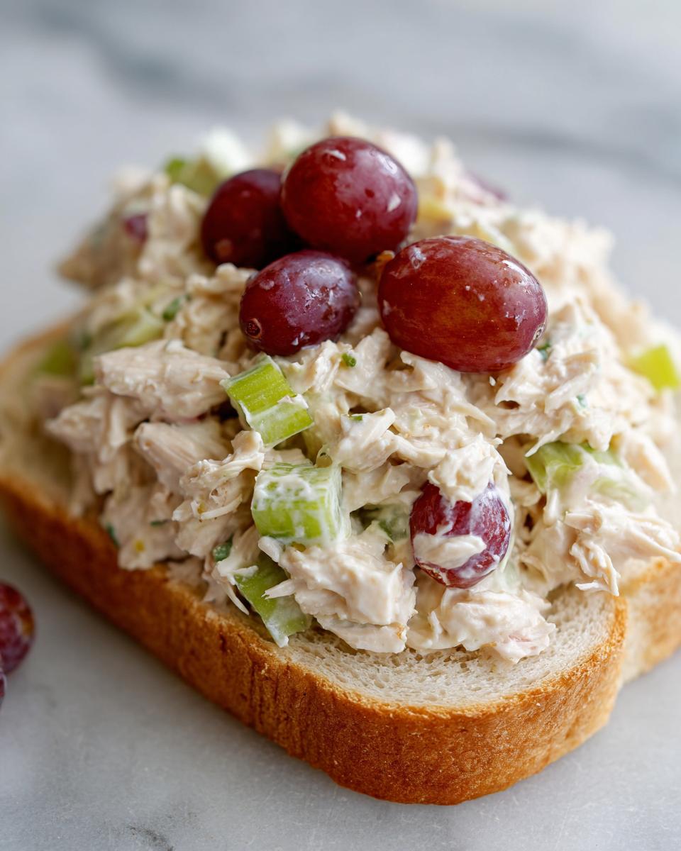 Close-up of an open-faced chicken salad sandwich piled high with creamy chicken salad, celery, and topped with red grapes.