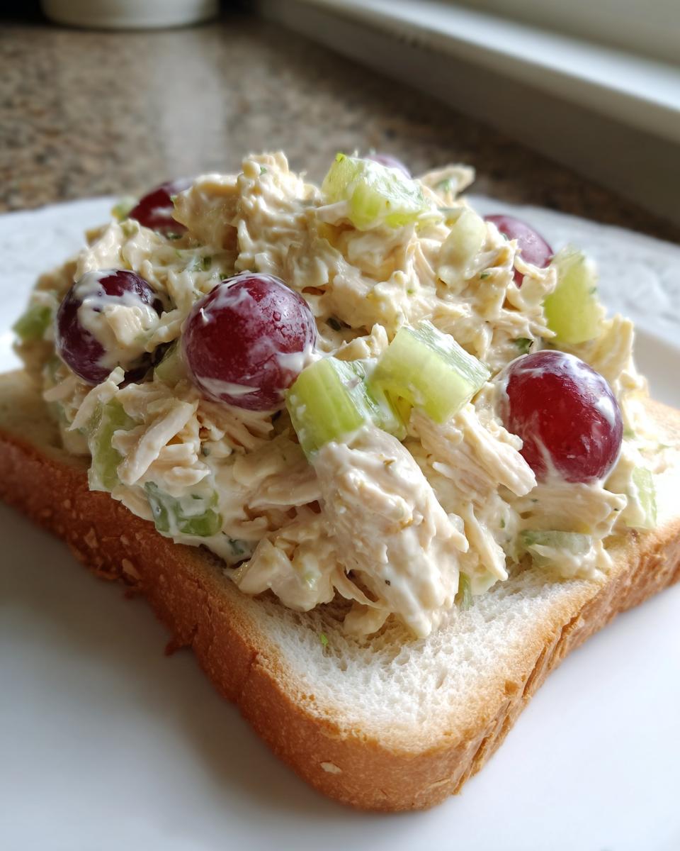 A generous scoop of creamy chicken salad sandwich filling, featuring grapes and celery, piled high on a slice of white bread.