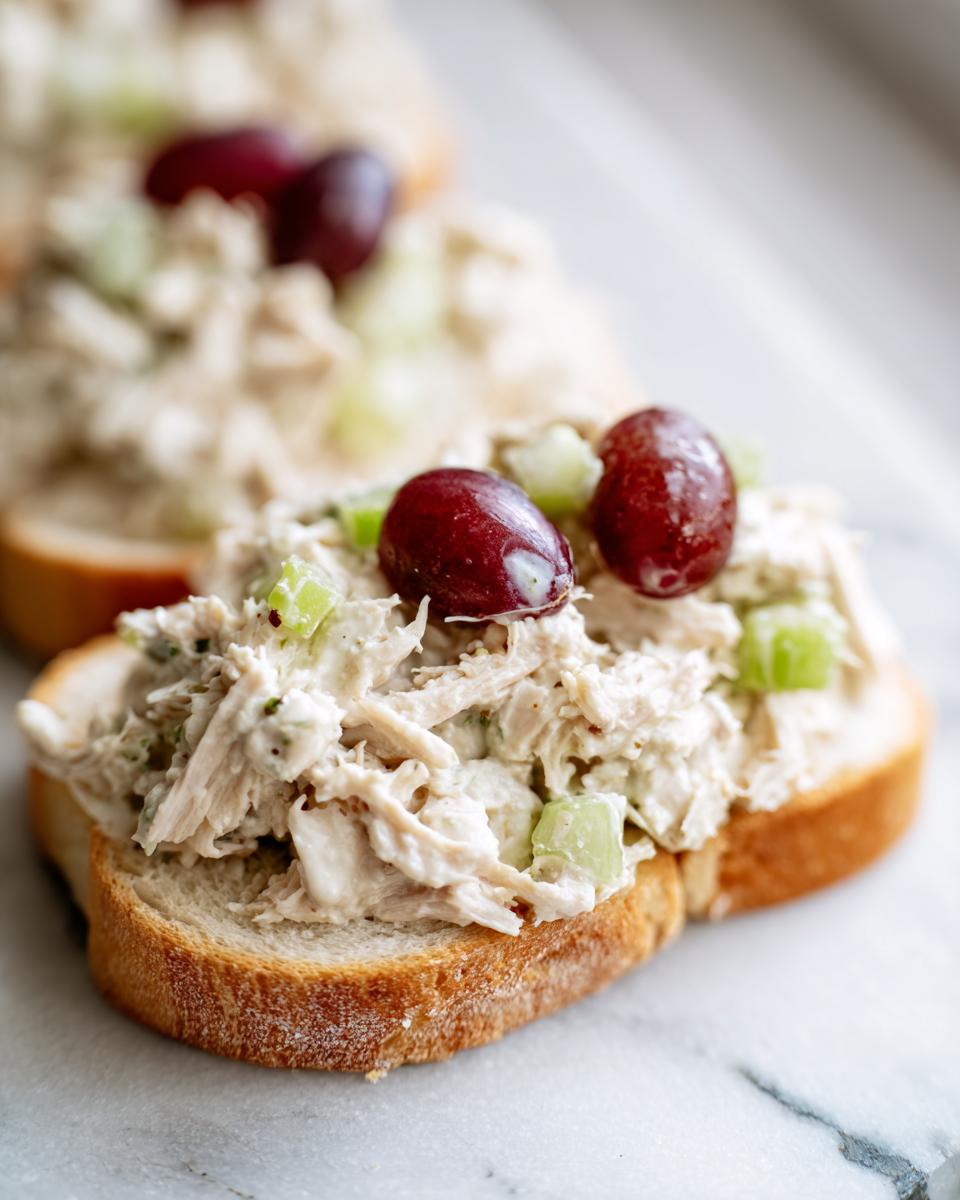 Close-up of an open-faced chicken salad sandwich on toasted bread, topped with grapes.