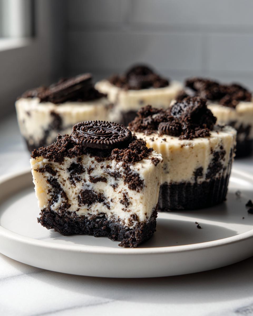 A close-up of one Oreo cheesecake bite cut in half, showing the creamy filling and Oreo crust, topped with crumbs and a mini Oreo.