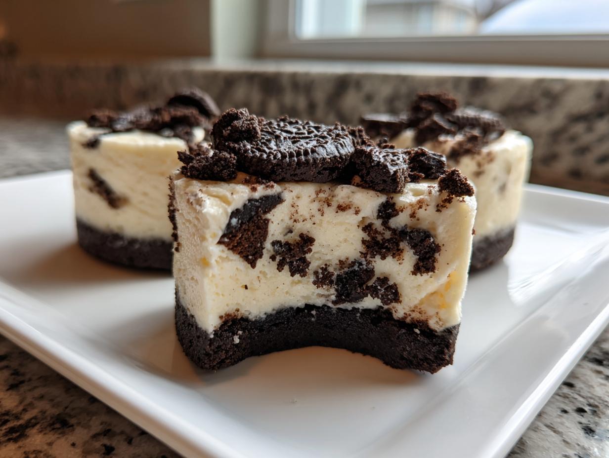 A close-up of a creamy, no-bake oreo cheesecake bite showing the dark cookie crust and creamy filling mixed with cookie pieces.