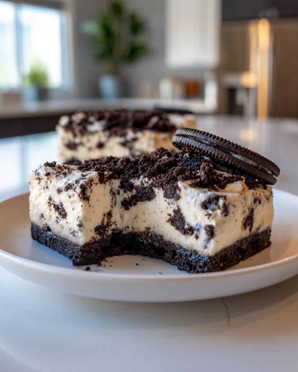 A rich slice of oreo cheesecake bites showing a thick cookie crust and creamy filling, topped with crumbs and a whole cookie.